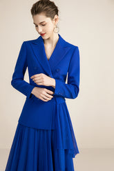 Royal Blue V-neck With Pleated Skirt Blazer Skirt Suits - FashionByTeresa